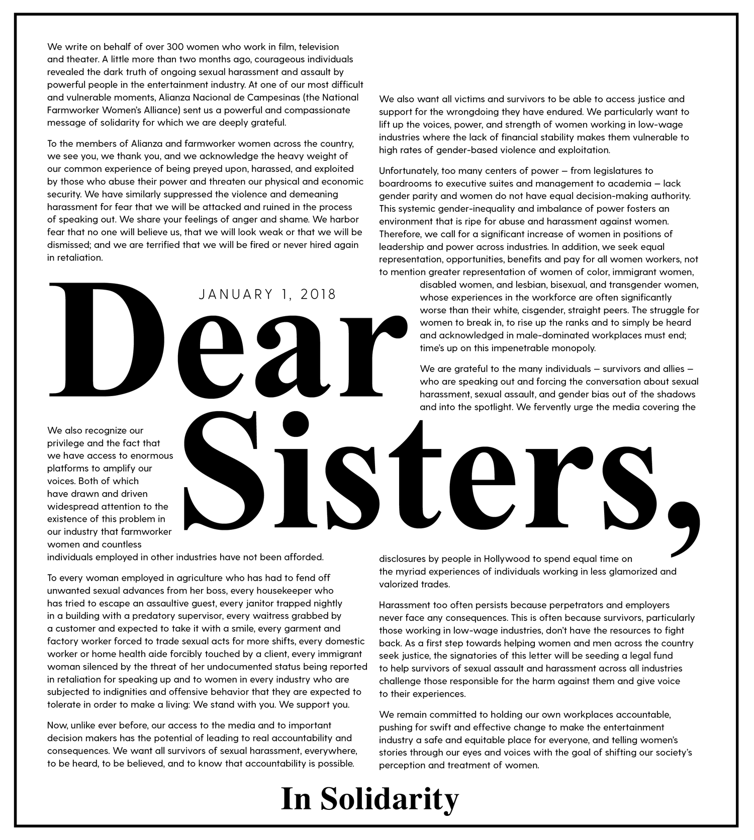 Time's Up - Letter of Solidarity