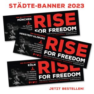 Staädte-Banner 2023 One Billion Rising - Rise For Freedom - Jetzt bestellen.